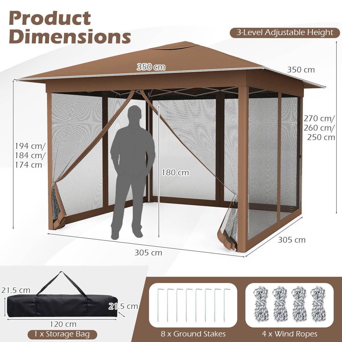 350 X 350 cm Easy Pop-up Canopy with Mesh Screen Netting and Carry Bag-Brown