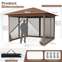 350 X 350 cm Easy Pop-up Canopy with Mesh Screen Netting and Carry Bag-Brown
