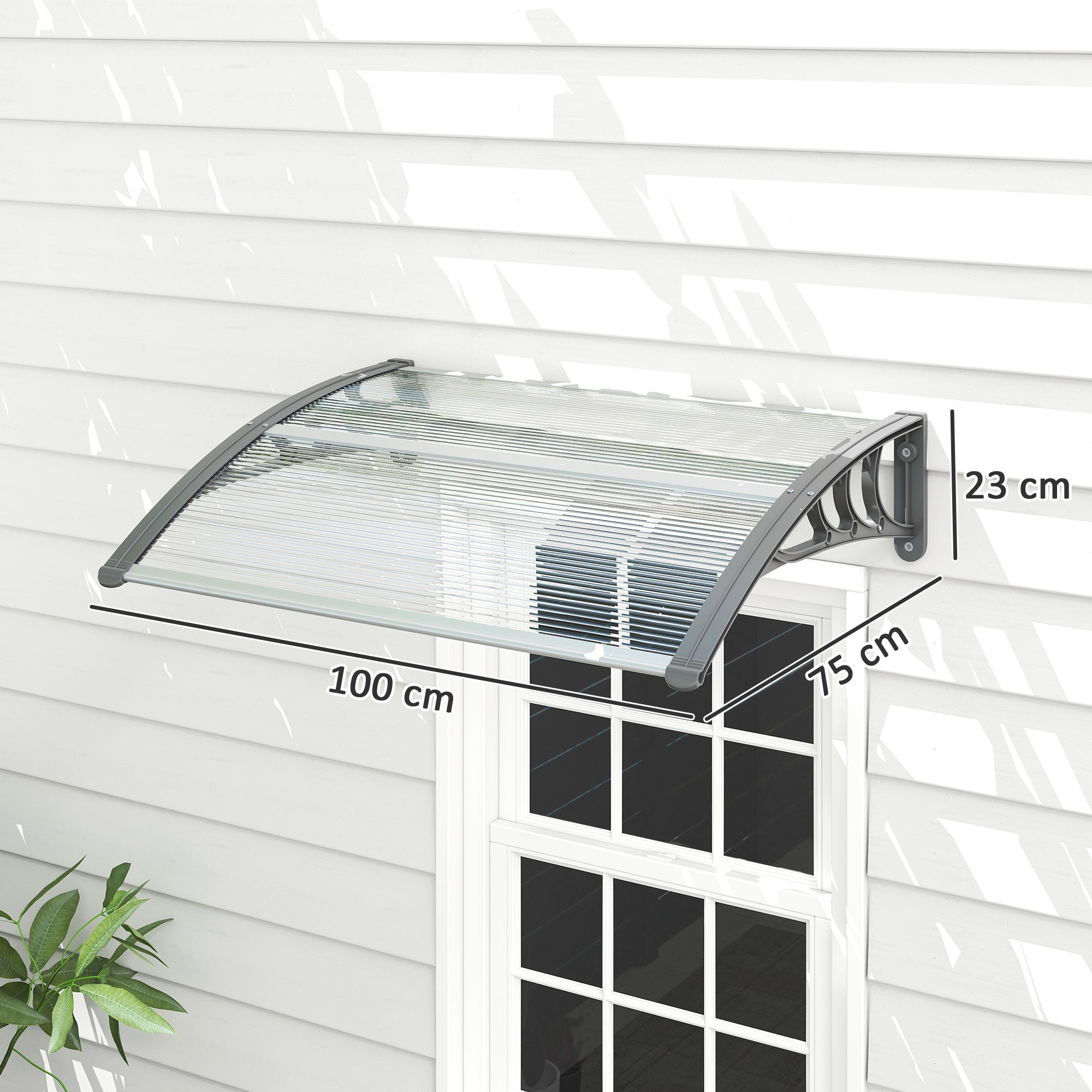 Outsunny Front Door Canopy Outdoor Awning Aluminium Rigid Plastic Polycarbonate Rain Shelter UV Water Rain Resistant 100 x 75cm Clear