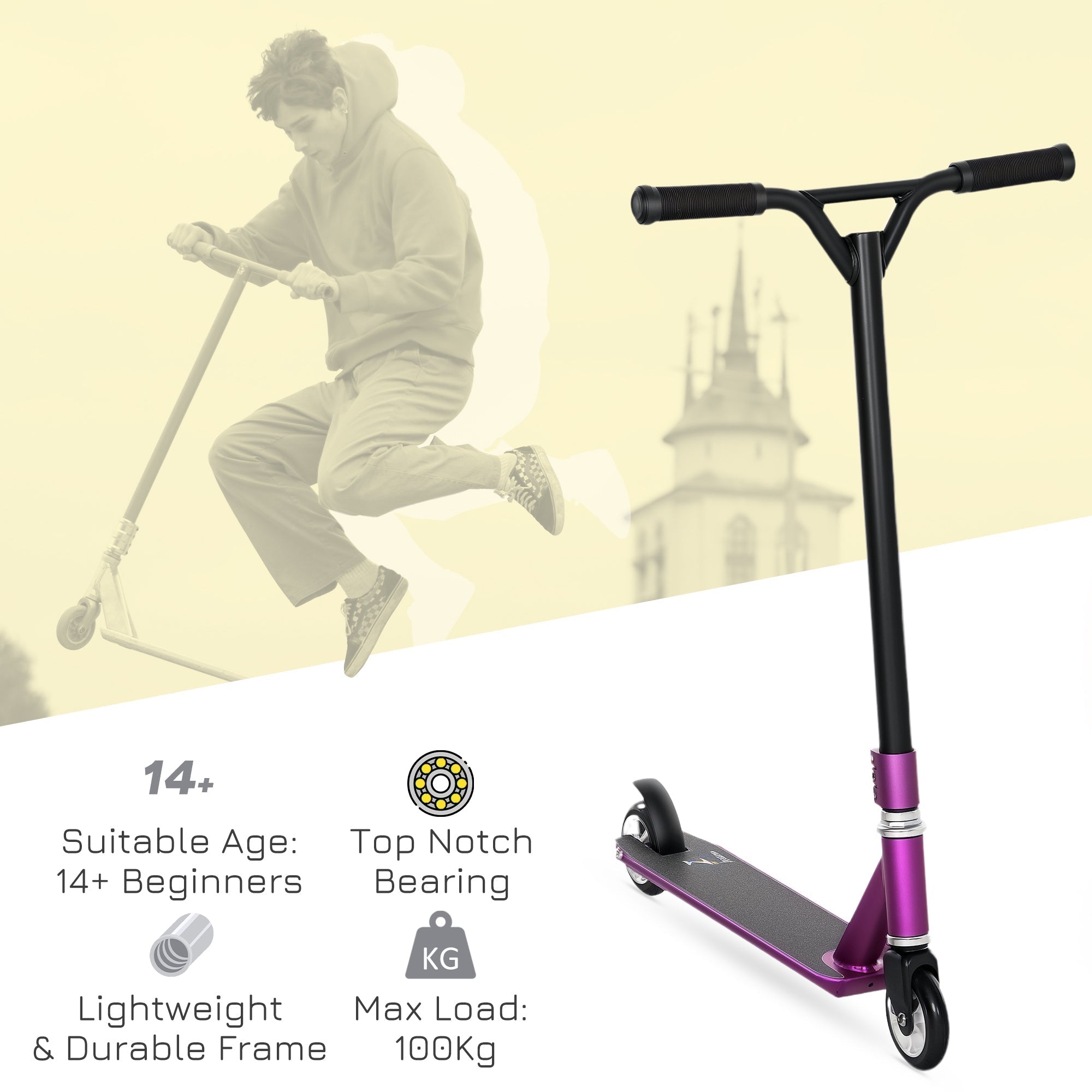 HOMCOM Stunt Scooter, 360 Entry Level Tricks Scooter w/ Lightweight Aluminium Deck and ABEC 7 Bearing, For Age 14+ Beginners, Purple