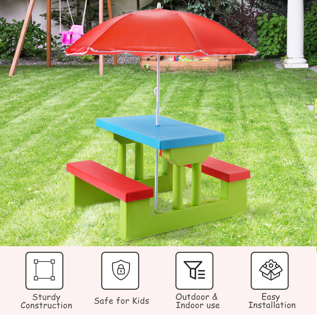 Kids Picnic Play Table Set with Removable Umbrella-Red