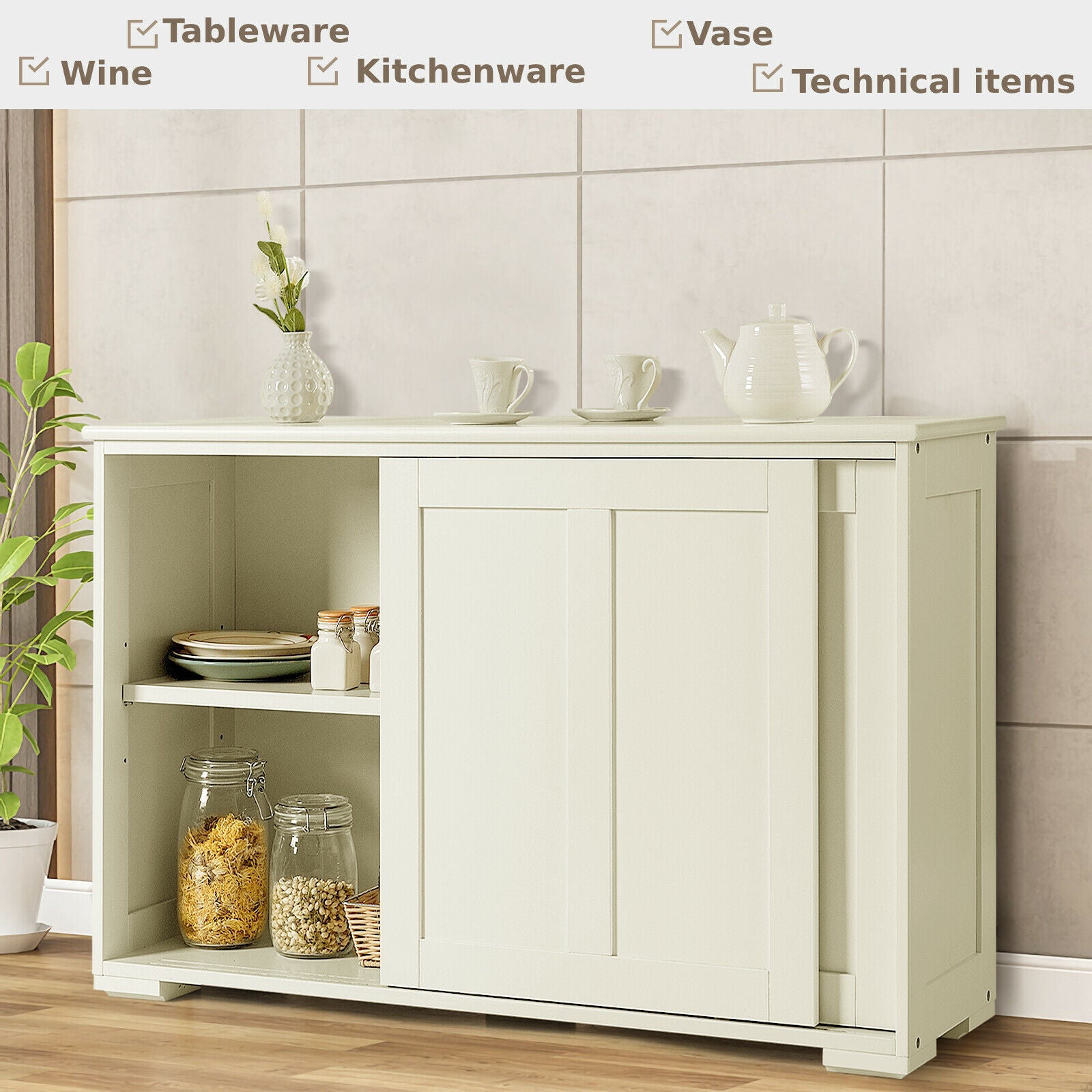 Storage Sideboard with Sliding Door and Double Partition-White