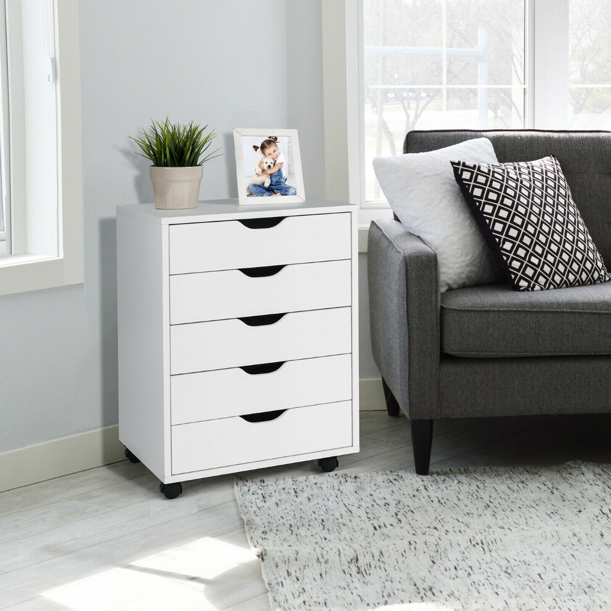 5 Drawer Chest with Wheels for Home and Office-White