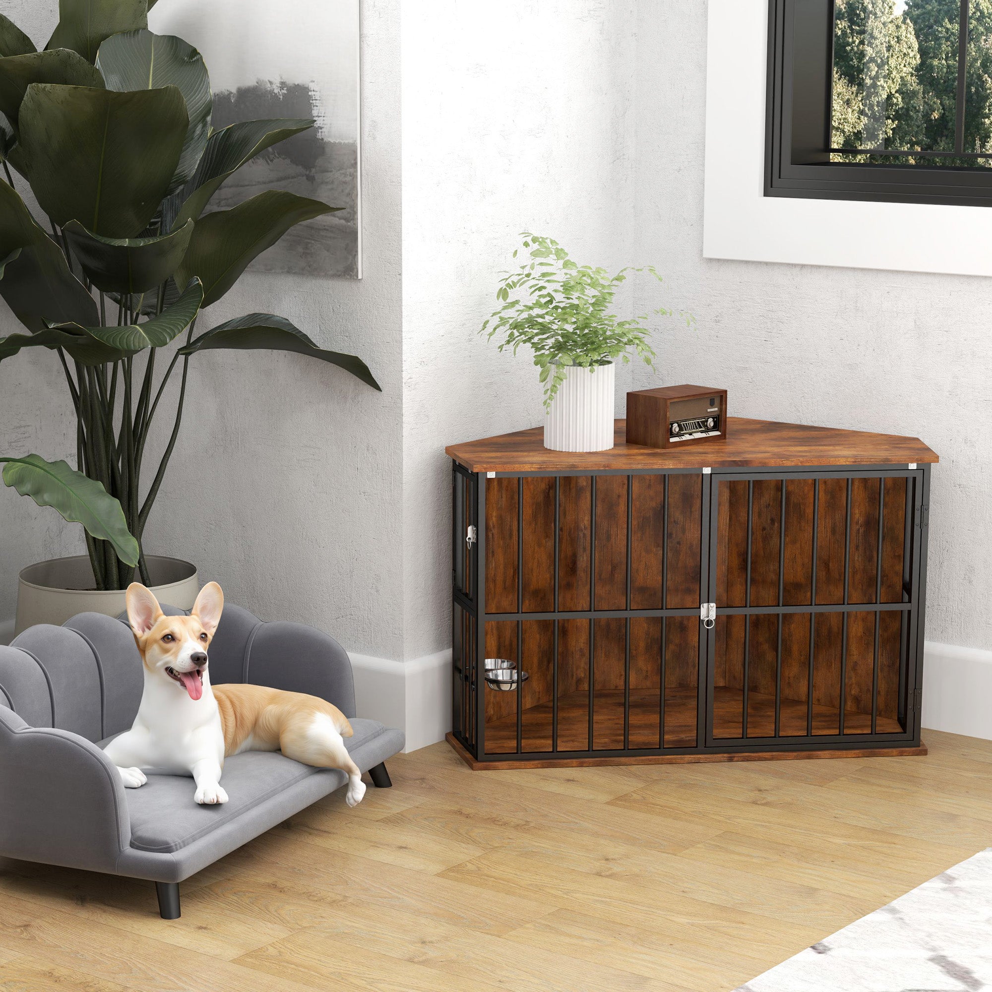 PawHut Corner Dog Crate Furniture with Two Bowls, Lockable Doors, for Small, Medium Dogs, Rustic Brown