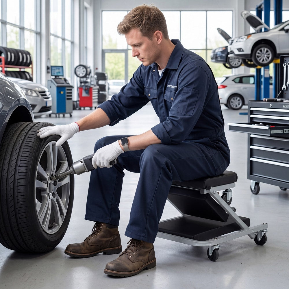 A mechanic sitting on the garage stool while using a power tool to work on a car wheel