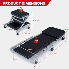 The garage equipment showing height and length measurements for both seat and flat modes