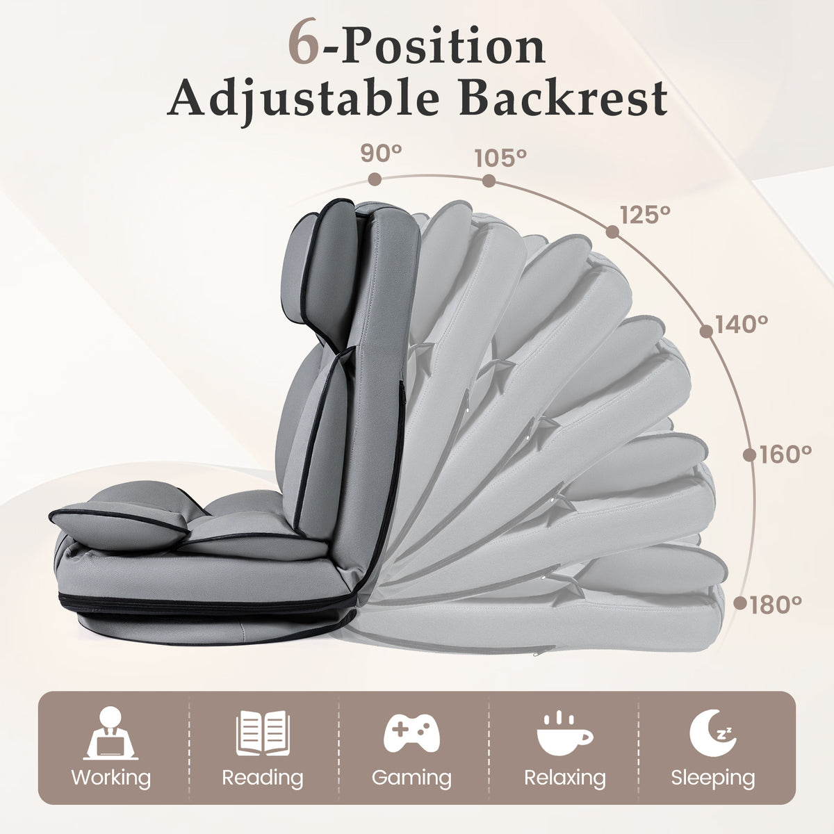 360 Degree Swivel Floor Gaming Chair Folding Lazy Lounger Couch with 6-Position Adjustable Backrest-Grey