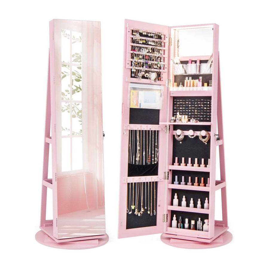360-Degree Mirrored Jewelry Armoire with 3-Color Auto-on LED Lights-Pink