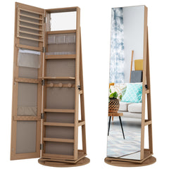 360-Degree Mirrored Jewelry Armoire with 3-Color Auto-on LED Lights-Wood