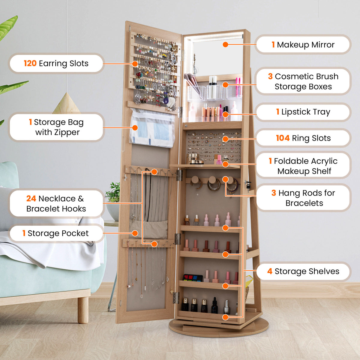 360-Degree Mirrored Jewelry Armoire with 3-Color Auto-on LED Lights-Wood