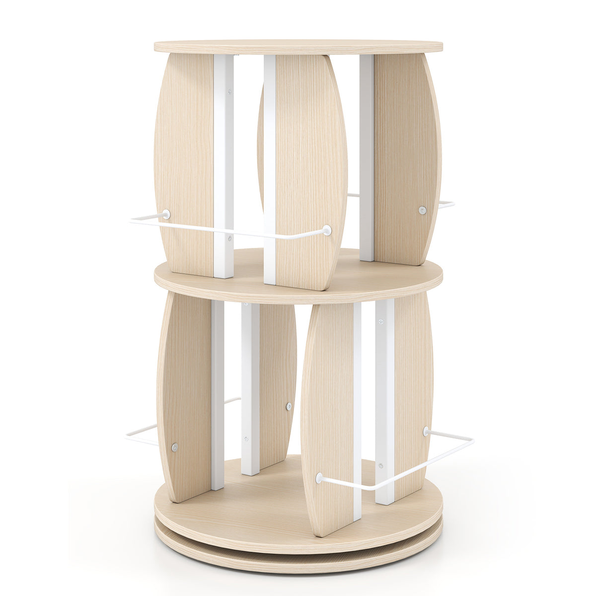 360° Spinning Rotating Bookshelf Tower with Display Stands and Side Rails-Oak