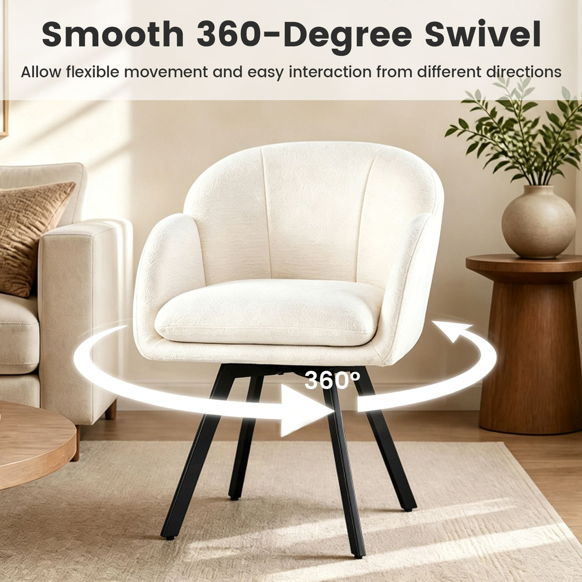 360° Swivel Accent Chair Upholstered Chenille Armchair with Metal Base-Beige