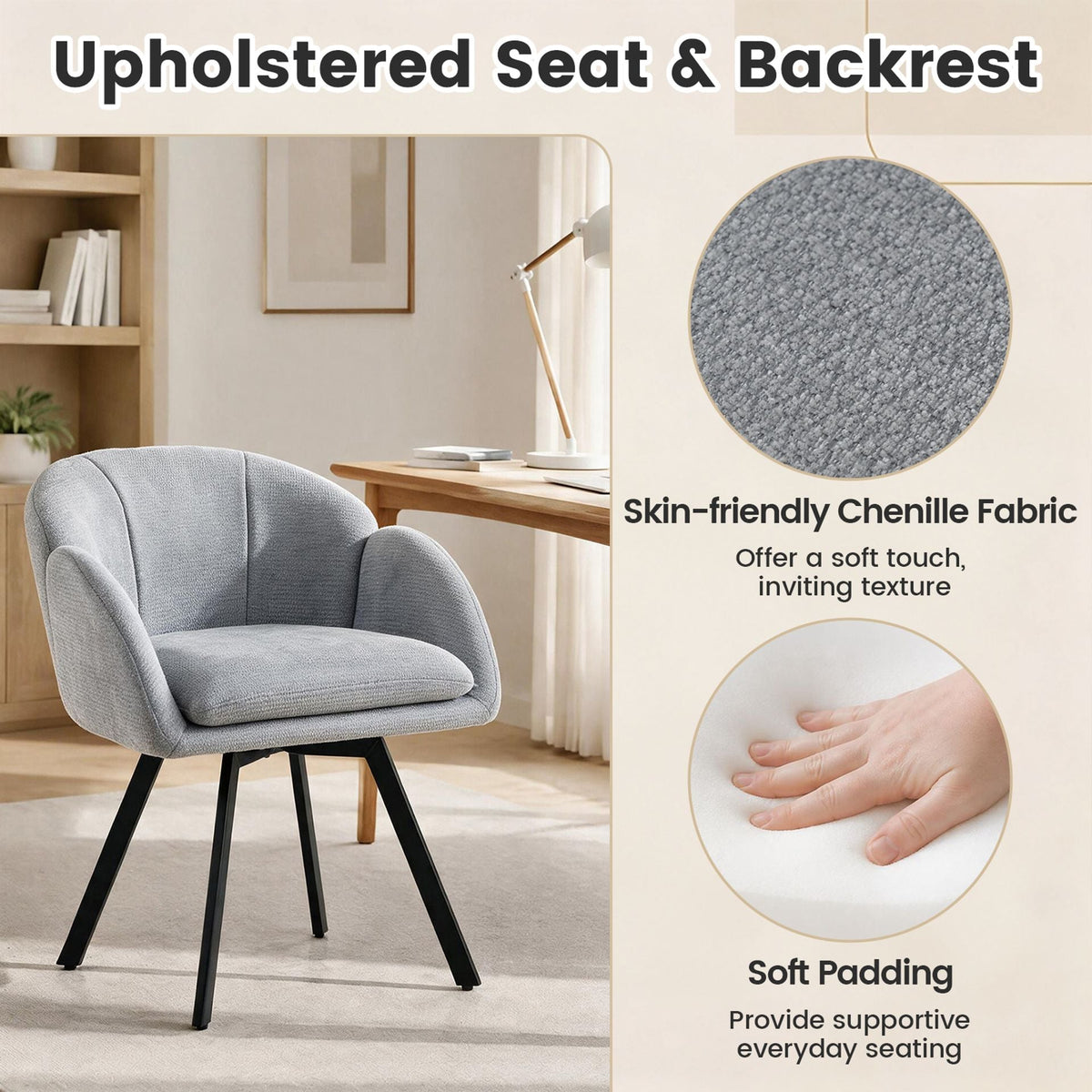360° Swivel Accent Chair Upholstered Chenille Armchair with Metal Base-Grey