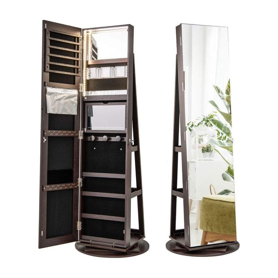 360-Degree Mirrored Jewelry Armoire with 3-Color Auto-on LED Lights-Brown