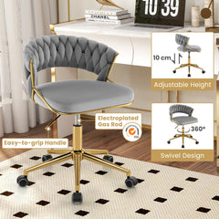 Features of the grey office chair including height adjustment and swivel