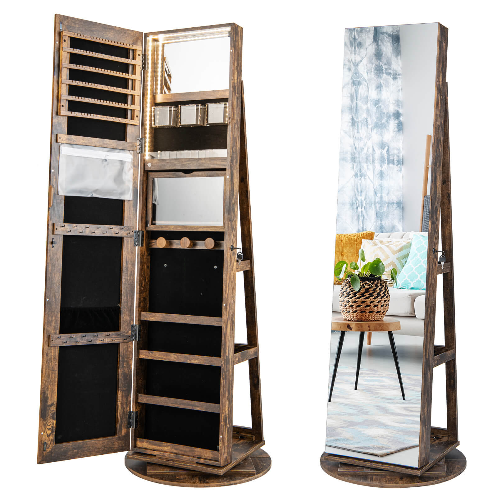 360-Degree Mirrored Jewelry Armoire with 3-Color Auto-on LED Lights-Rustic Brown