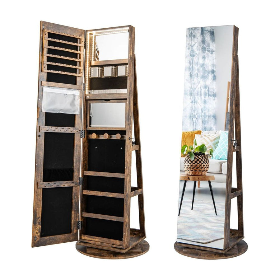 360-Degree Mirrored Jewelry Armoire with 3-Color Auto-on LED Lights-Rustic Brown