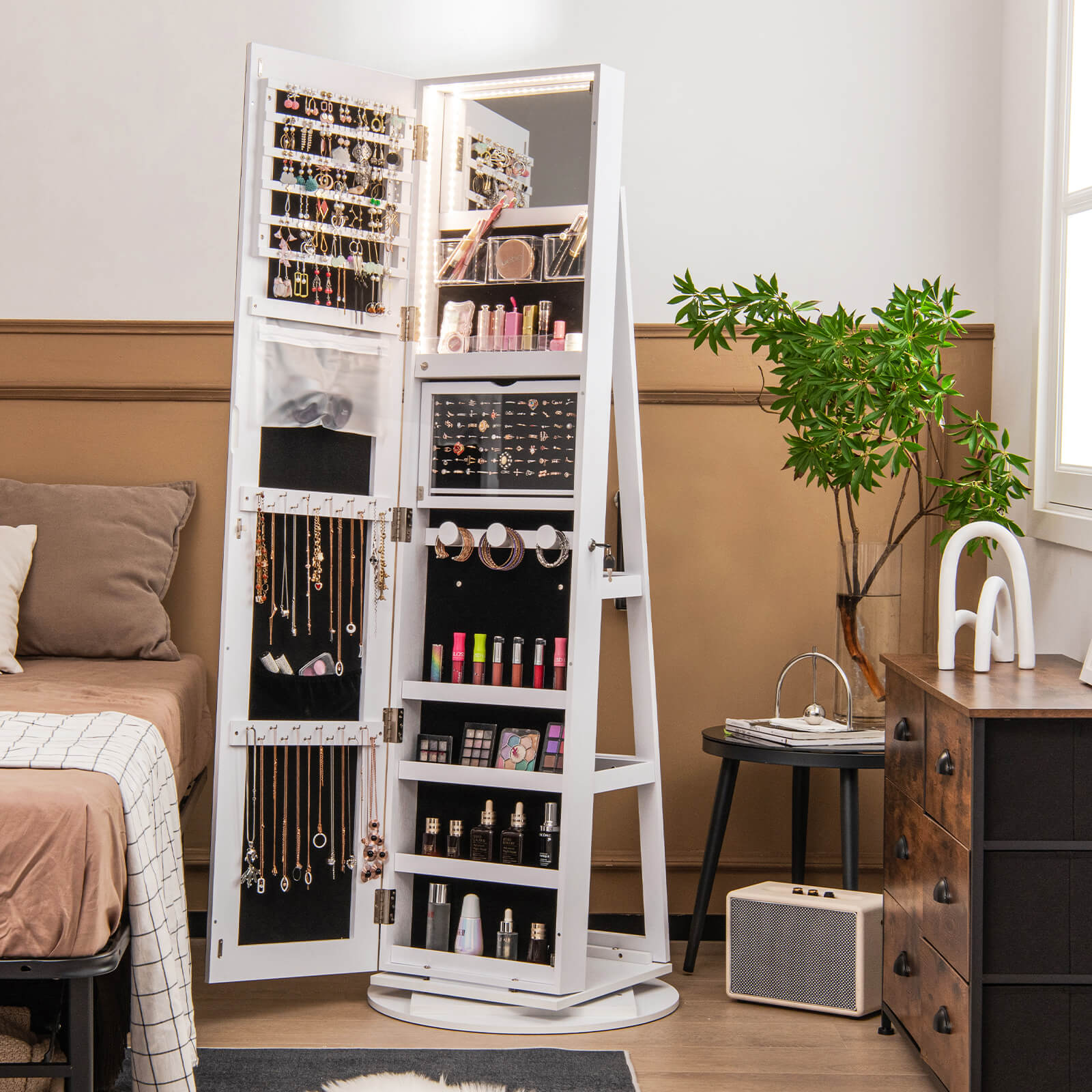 360-Degree Mirrored Jewelry Armoire with 3-Color Auto-on LED Lights-White