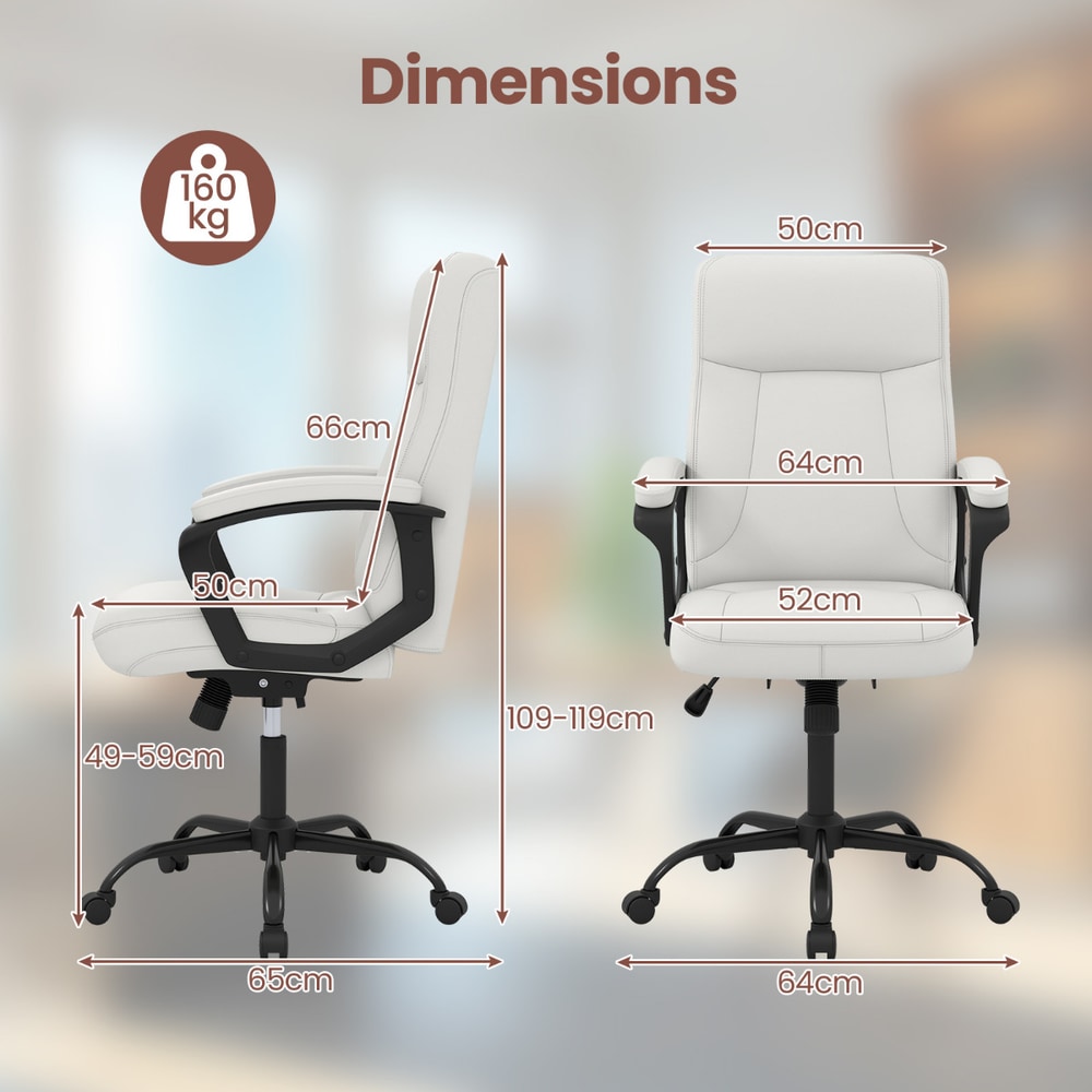 Dimensions diagram for the office chair showing height and width measurements