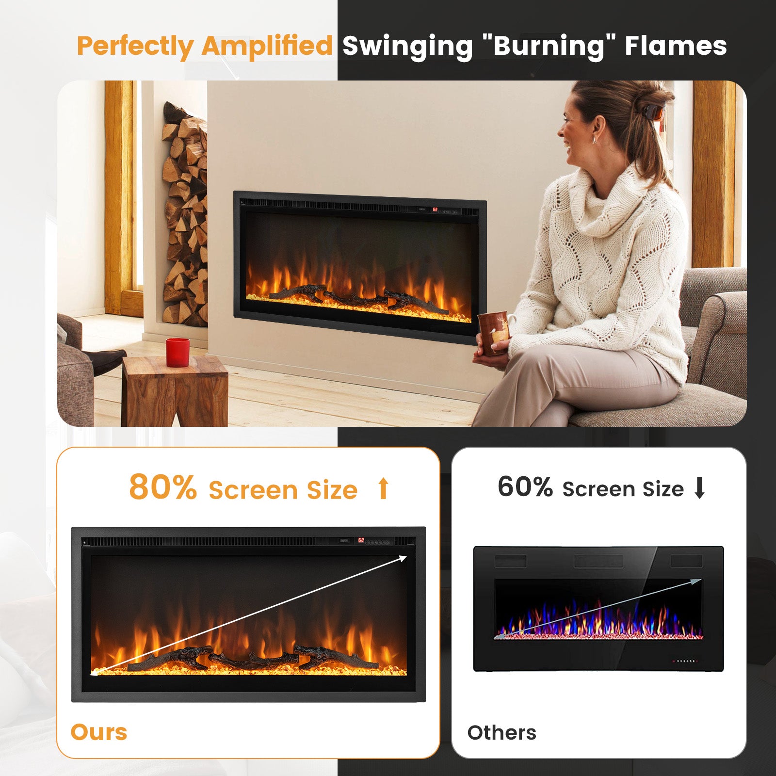 36"/91cm Linear Electric Fireplace with Log and Crystal Decor and Remote Contro-91 cm