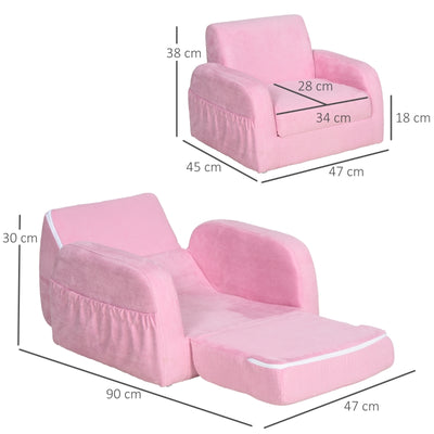 2-in-1 Kids Armchair, Toddler Sofa Bed, with Wood Frame, for Bedroom, Playroom - Pink