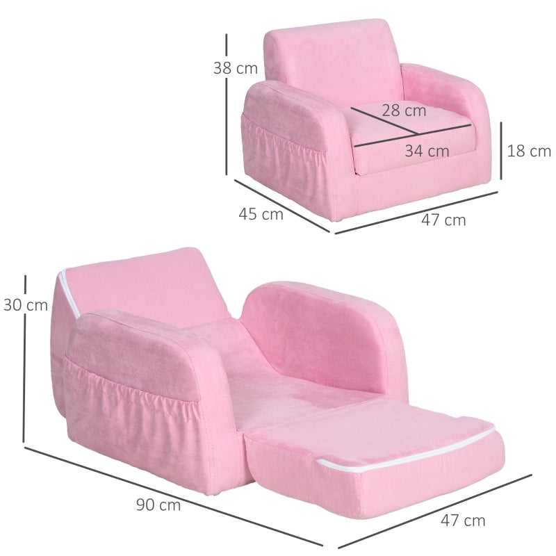 2-in-1 Kids Armchair, Toddler Sofa Bed, with Wood Frame, for Bedroom, Playroom - Pink