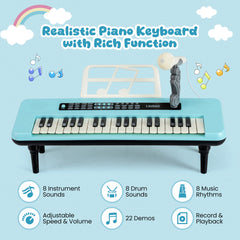 37 Keys Kids Portable Piano Keyboard with Microphone and Music Stand-Blue