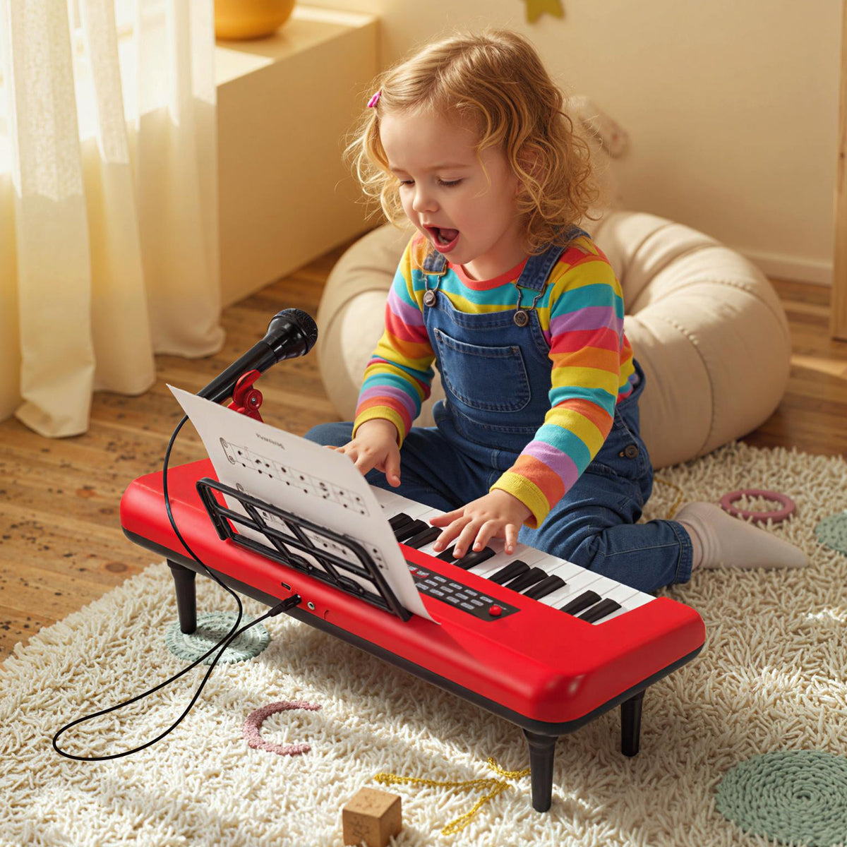 37 Keys Kids Portable Piano Keyboard with Microphone and Music Stand-Red
