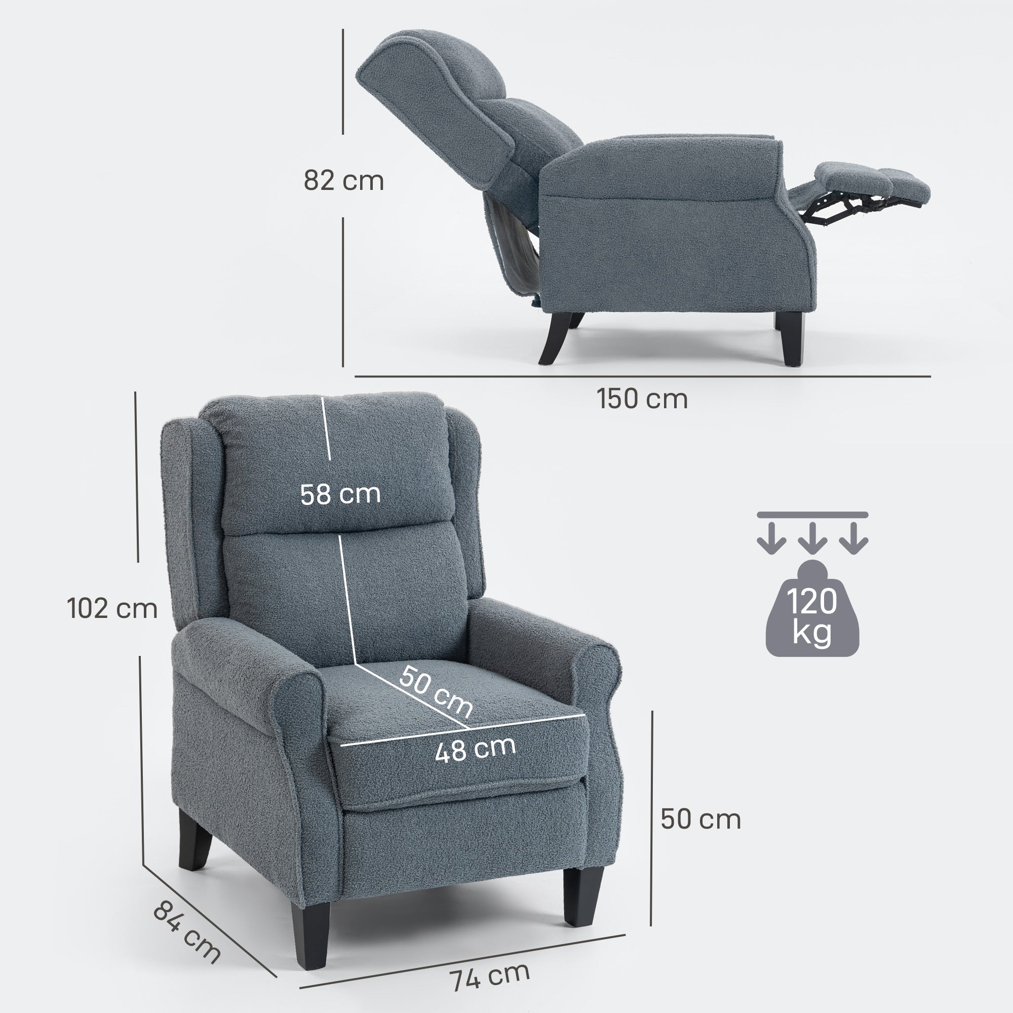HOMCOM Recliner Armchair with Extended Leg Rest - Grey