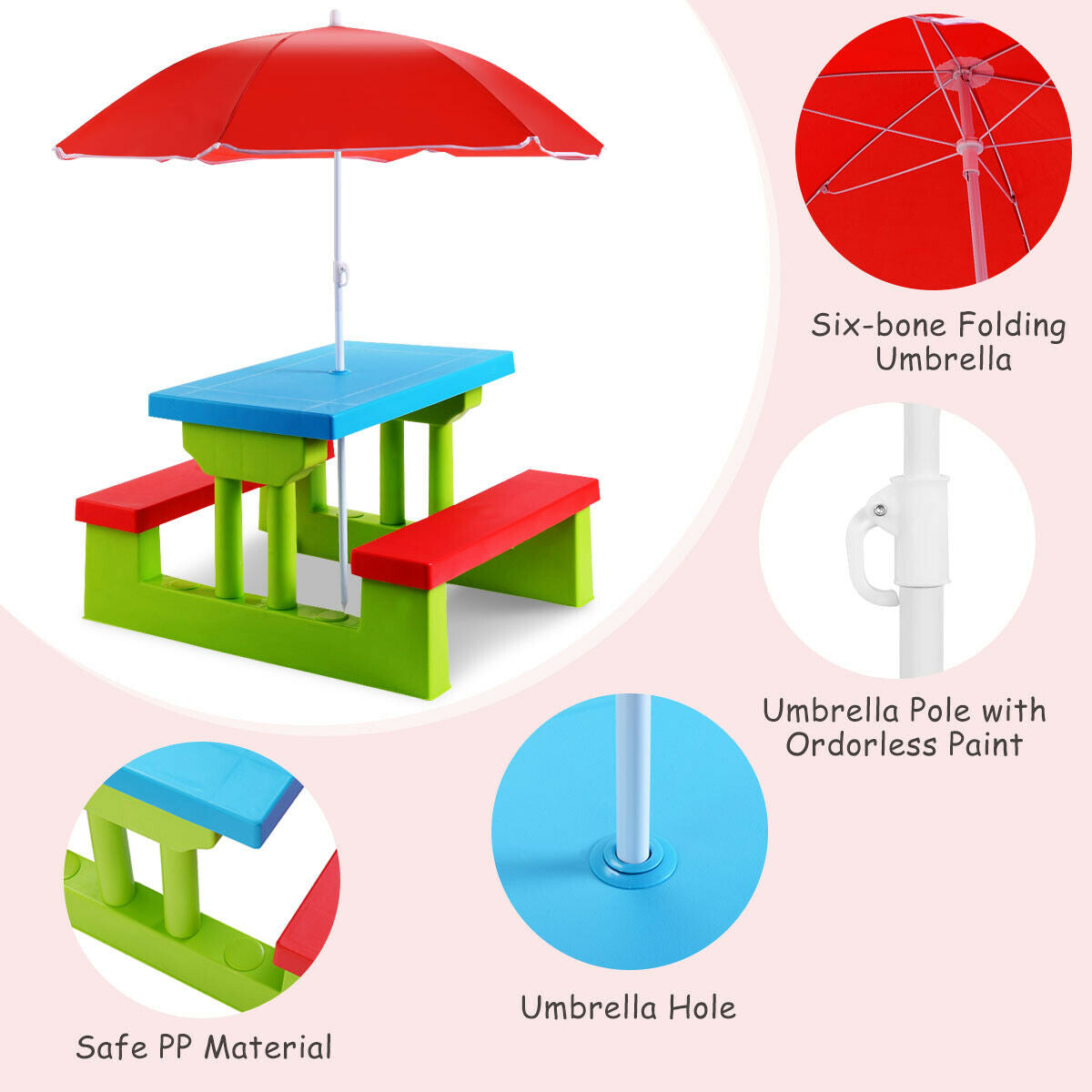 Kids Picnic Play Table Set with Removable Umbrella-Red