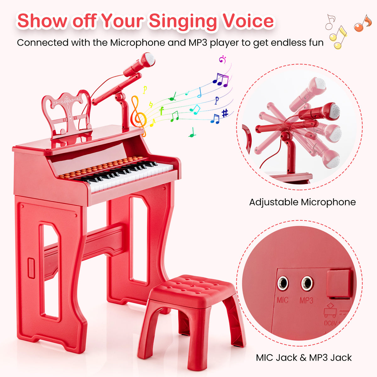 37-Key Electronic Piano Keyboard with Adjustable Microphone-Red