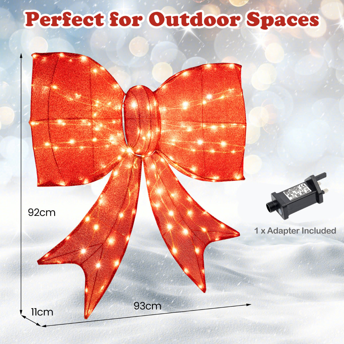37 inch Lighted Christmas Bow Decoration with 150 Warm White LED Lights and 2 Hanging Rings