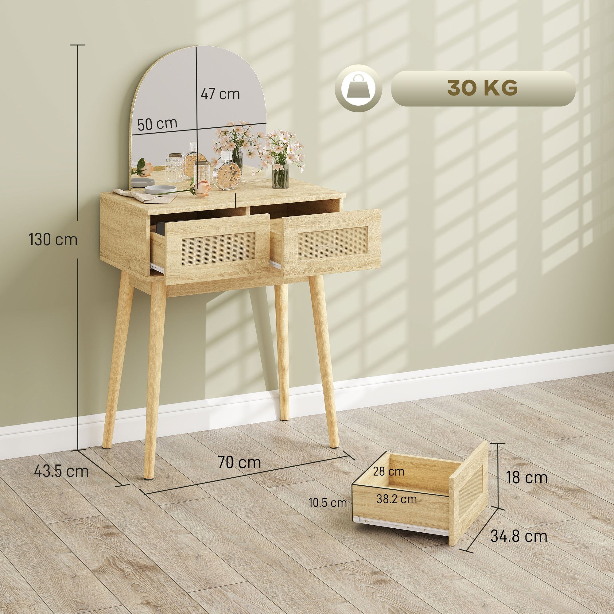 HOMCOM Dressing Table, Compact Vanity Desk with Mirror and 2 Drawers, Natural Wood Finish