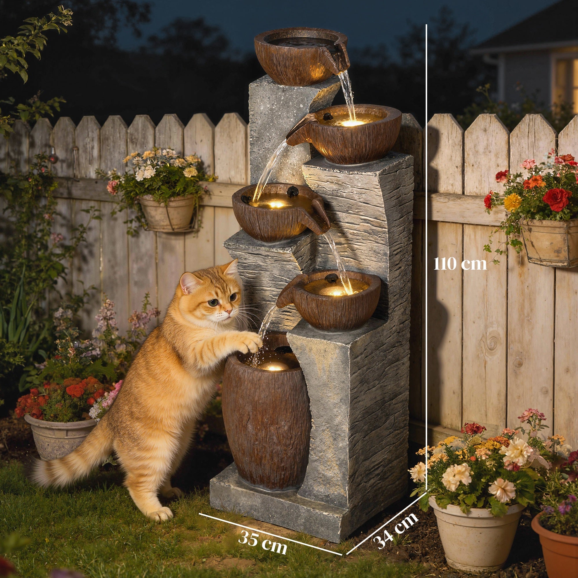 Outsunny Outdoor Fountain with 5-Tier, Garden Fountain with LED Lights, Adjustable Flow, Grey and Rustic Brown
