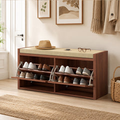 HOMCOM Rattan Shoe Bench with Padded Cushion and 2 Cabinets for Hidden Storage, Brown