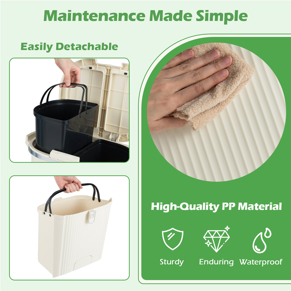 38L Kitchen Trash Can Sorting Garbage Bin with Lids 2 Detachable Buckets-Beige