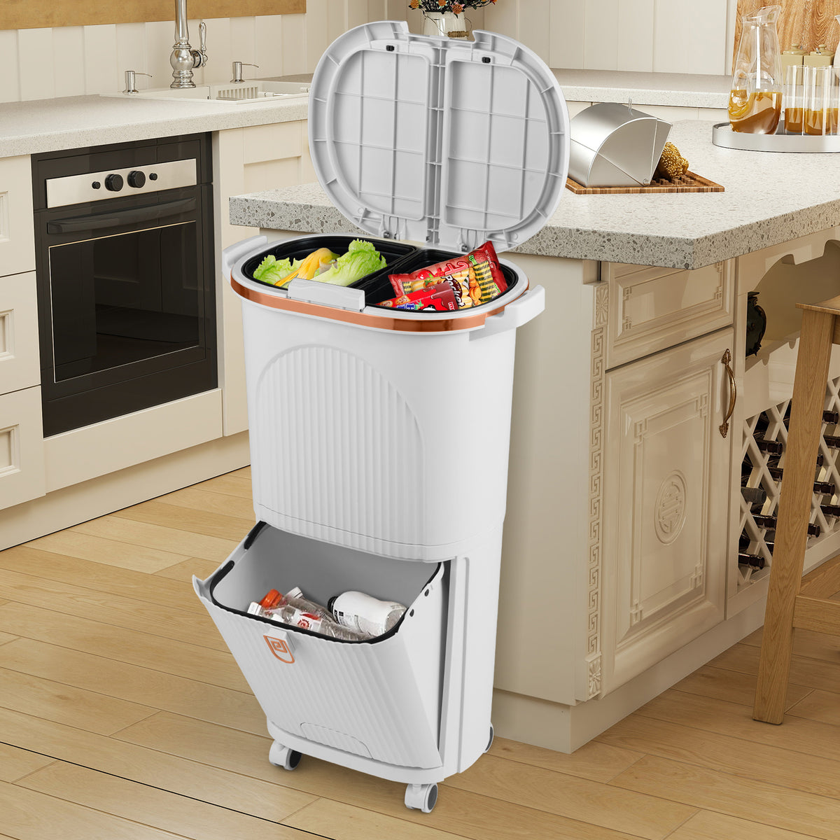 38L Kitchen Trash Can Sorting Garbage Bin with Lids 2 Detachable Buckets-White