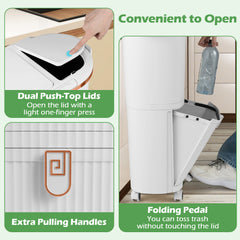 38L Kitchen Trash Can Sorting Garbage Bin with Lids 2 Detachable Buckets-White