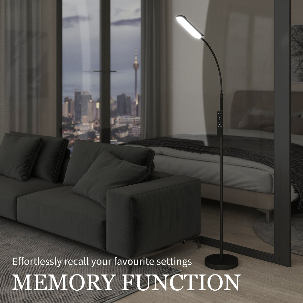 HOMCOM LED Floor Lamp, Standing Lamp with Remote & Touch Control, Stepless Dimmable Colours Temperature & Brightness, 360 degrees Adjustable Gooseneck, 1 Hour Timer, Memory Function for Living Room, Black