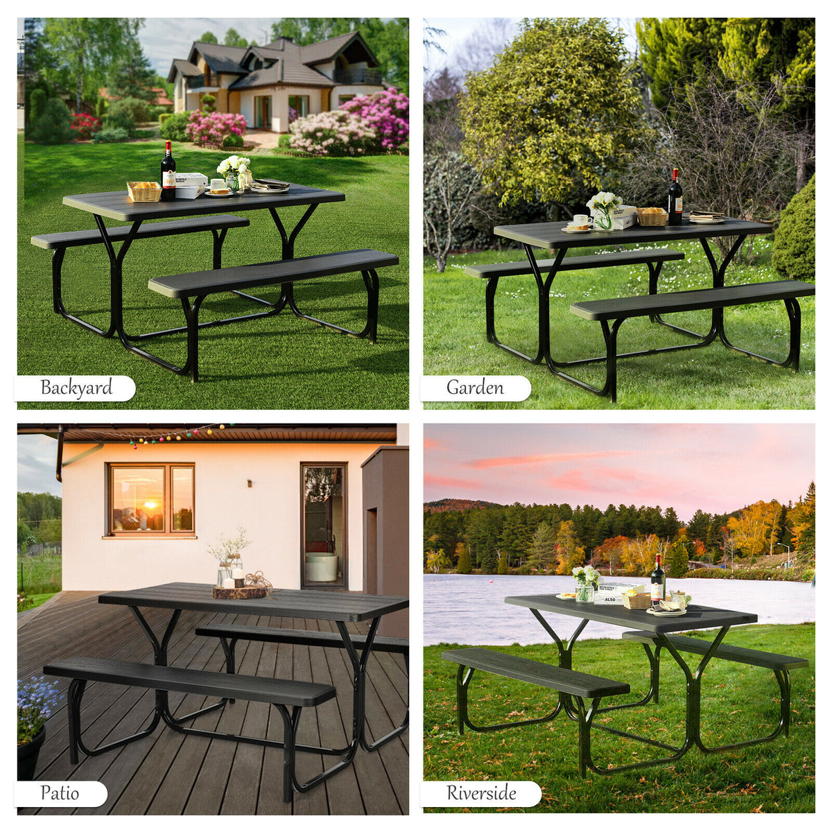 Picnic Table Bench Set with Metal Base Wood for Outdoor-Black