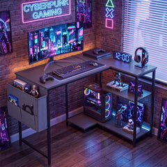39.5" L-Shaped Computer Desk with Integrated Charging Hub in Black, image 2