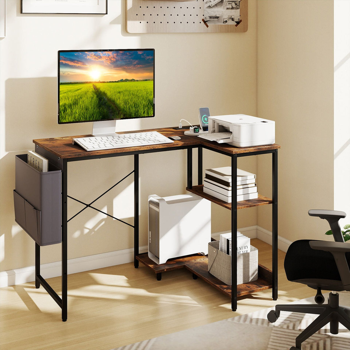 39.5" L-Shaped Computer Desk with Integrated Charging Hub in Rustic Brown, image 2