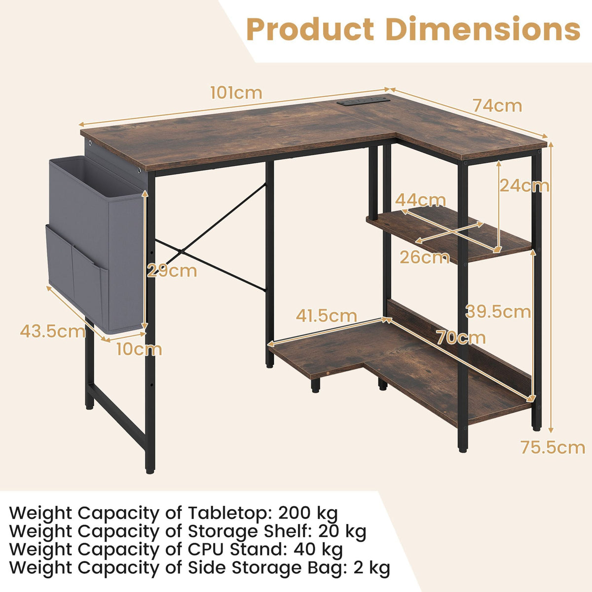 39.5" L-Shaped Computer Desk with Integrated Charging Hub in Rustic Brown, image 5