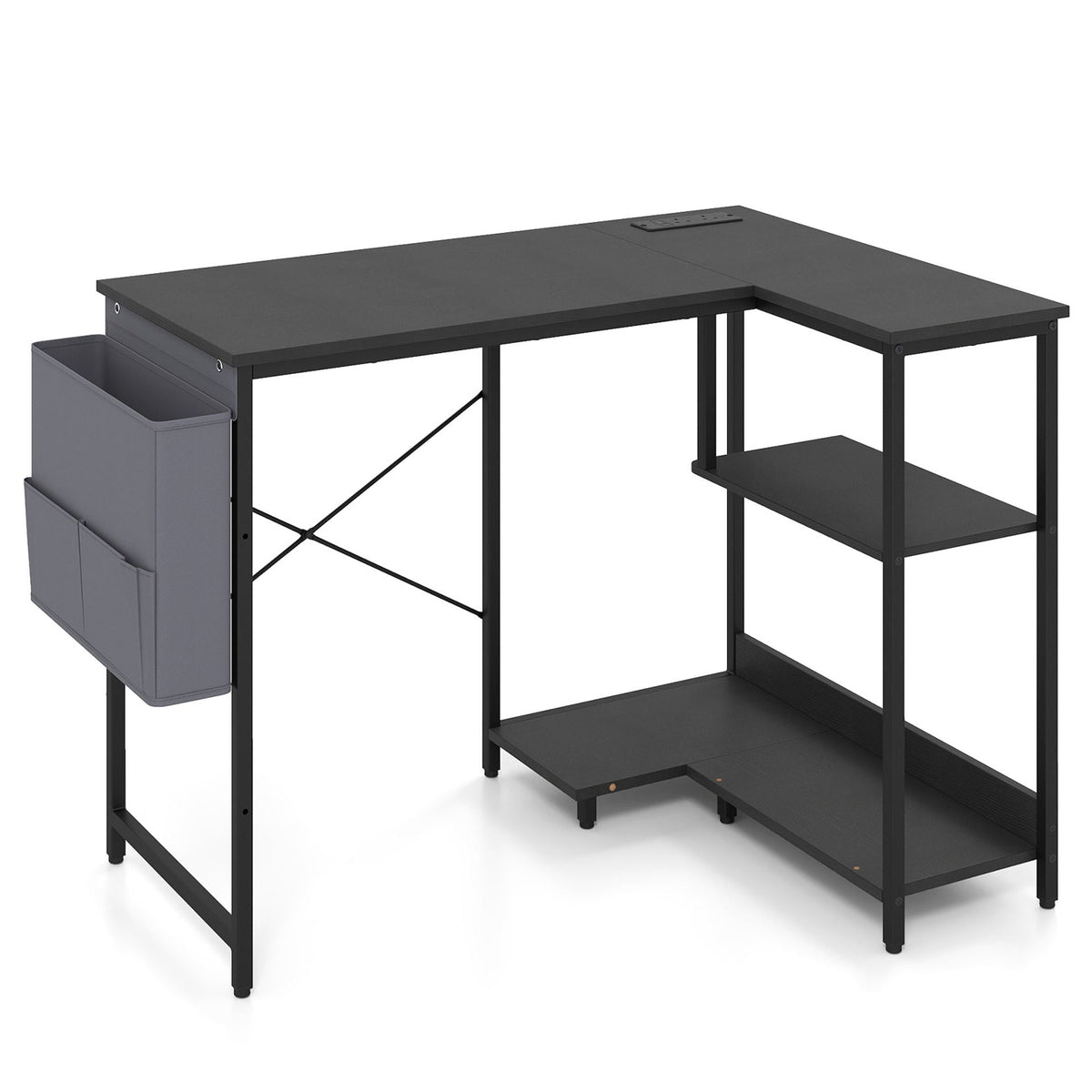 39.5" L-Shaped Computer Desk with Integrated Charging Hub in Black