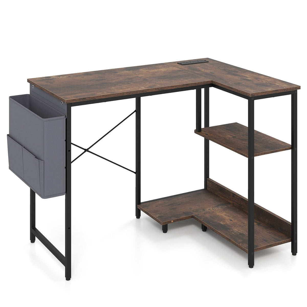 39.5" L-Shaped Computer Desk with Integrated Charging Hub in Rustic Brown