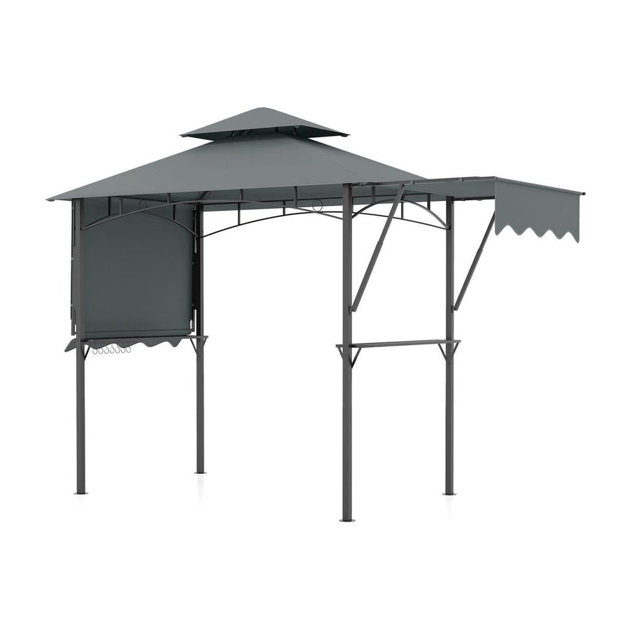 Grill Gazebo with Dual Side Awnings and Adjustable Shadow in grey with a tiered roof structure