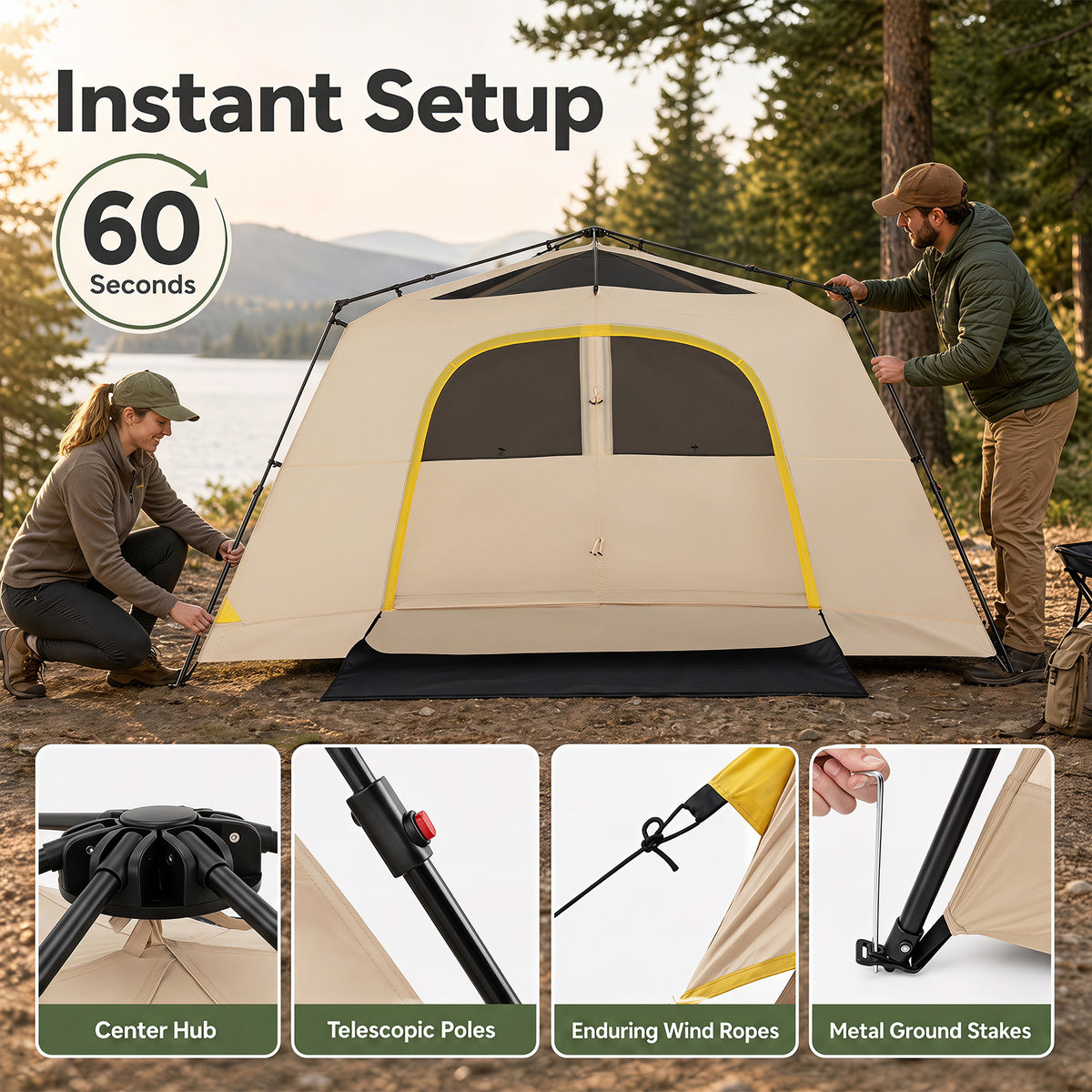 399 x 267 cm 10 Person Instant Cabin Camping Tent with Rainfly-Brown
