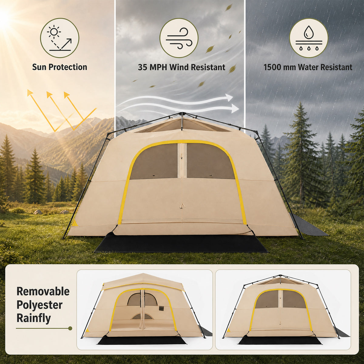 399 x 267 cm 10 Person Instant Cabin Camping Tent with Rainfly-Brown