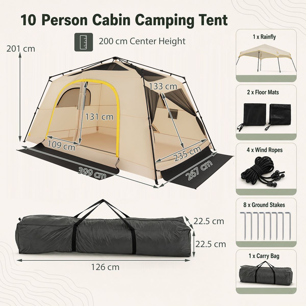 399 x 267 cm 10 Person Instant Cabin Camping Tent with Rainfly-Brown