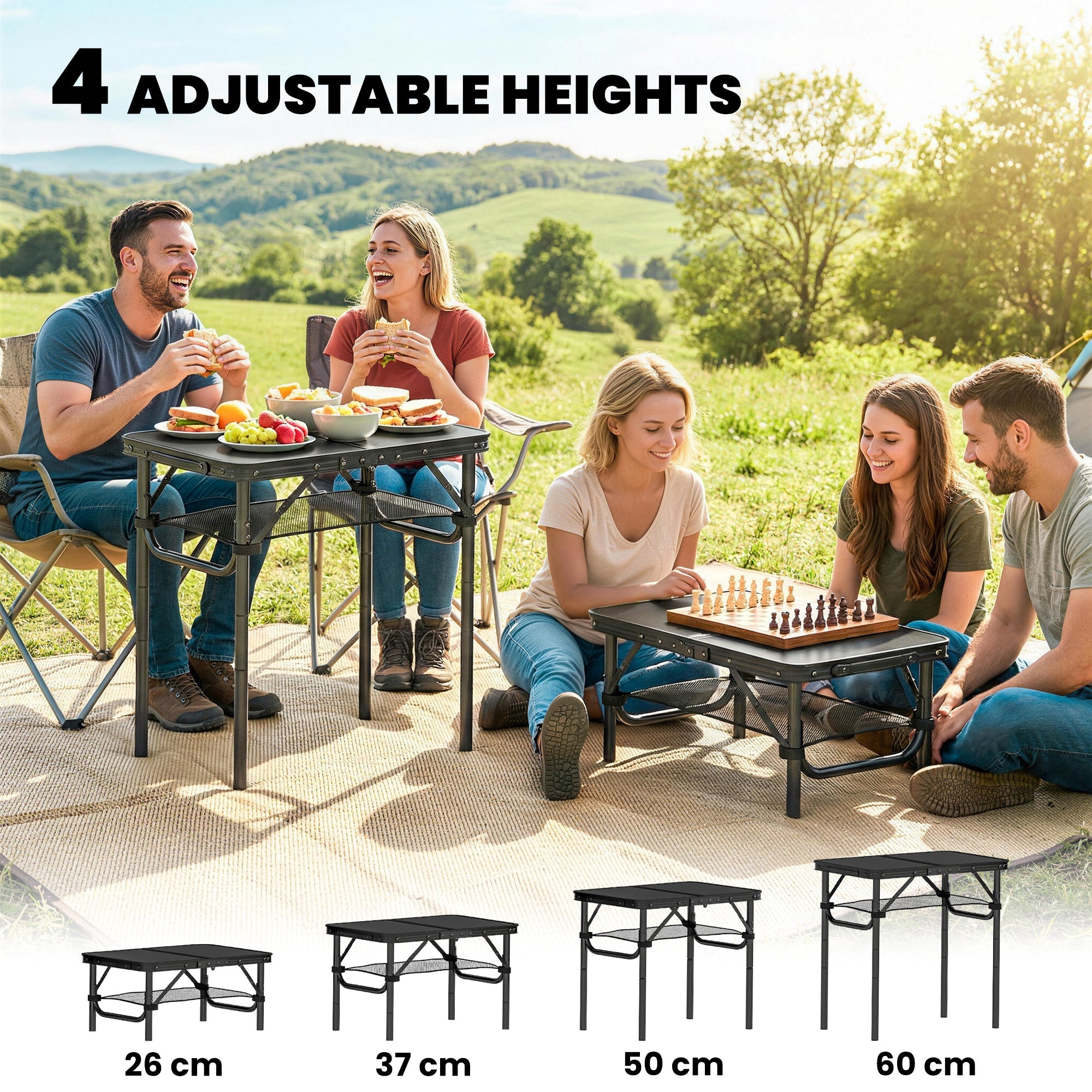 Outsunny 2ft Folding Camping Table, Picnic Table with Mesh Storage Layer, 4 Adjustable Heights and Carrying Handle, Black